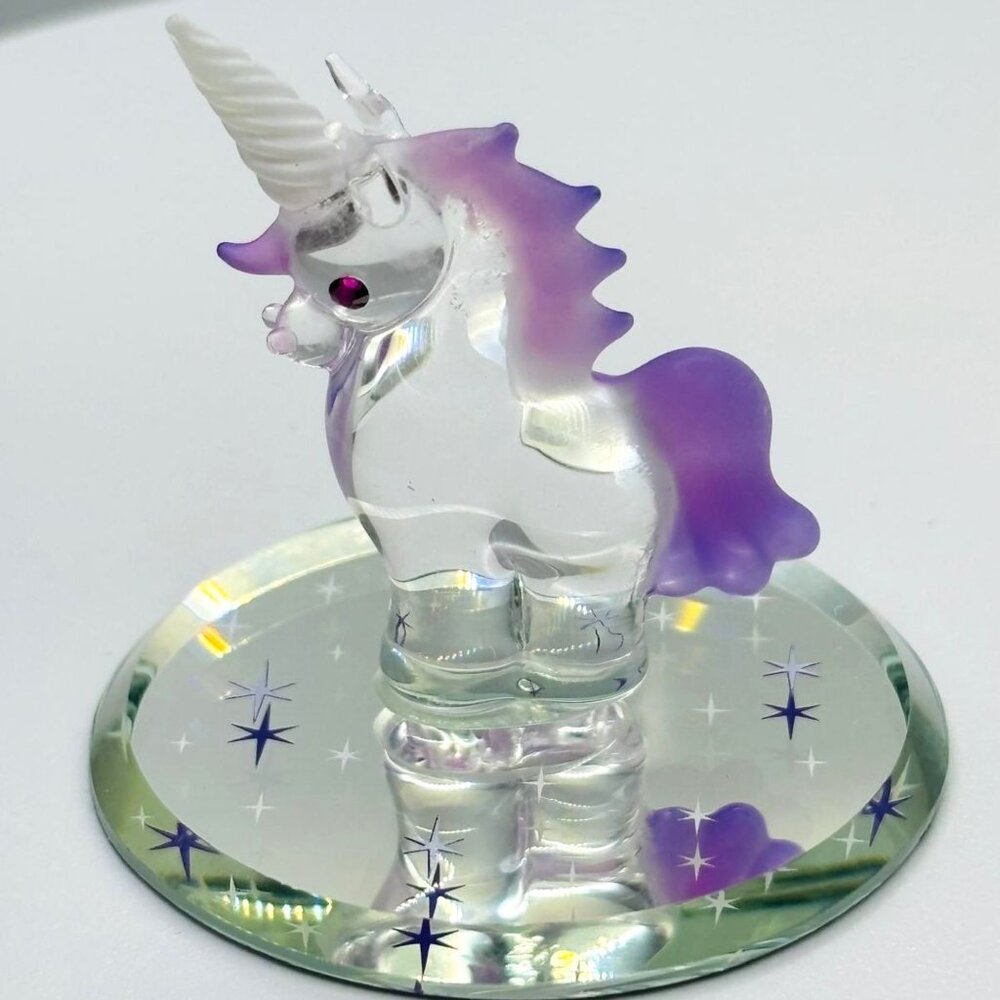 Baby Unicorn Glass Figurine Purple Mane Fantasy Collectible Crystal Accent